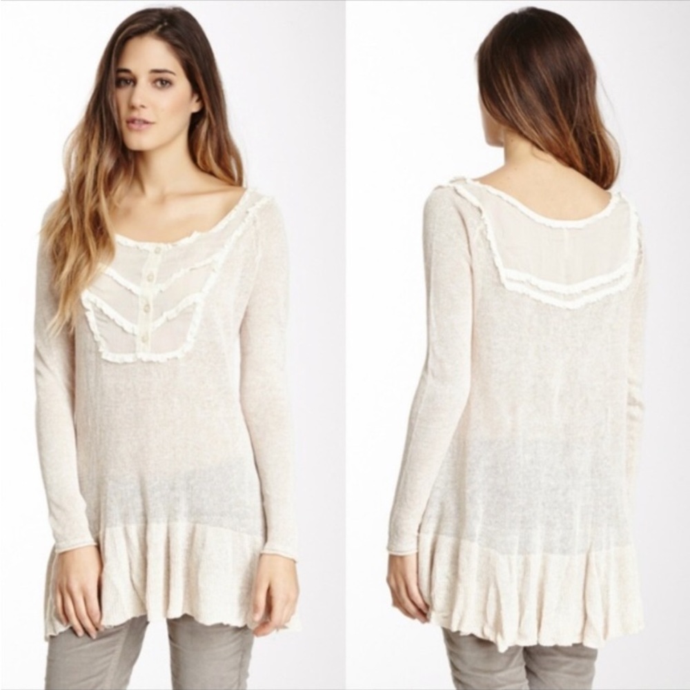 Free People 100% Linen Cream Knit Lightweight Ruffle Sweater Tunic Top